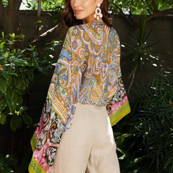 Boho Multicolor Floral Print Front Tie Kimono Wrap Top - Picture 2 of 6